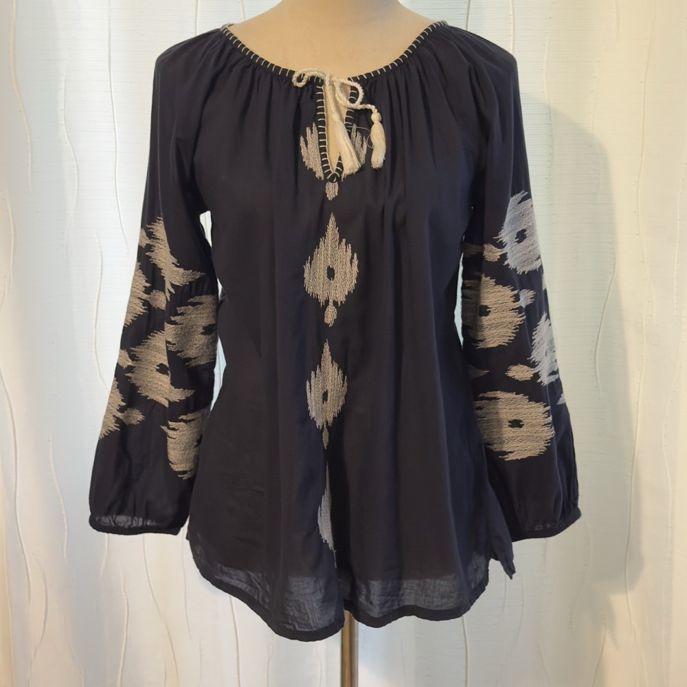Christophe Sauvat Sz XS Navy Blue Embroidered Blouse Top Boho Folk Long Sleeve